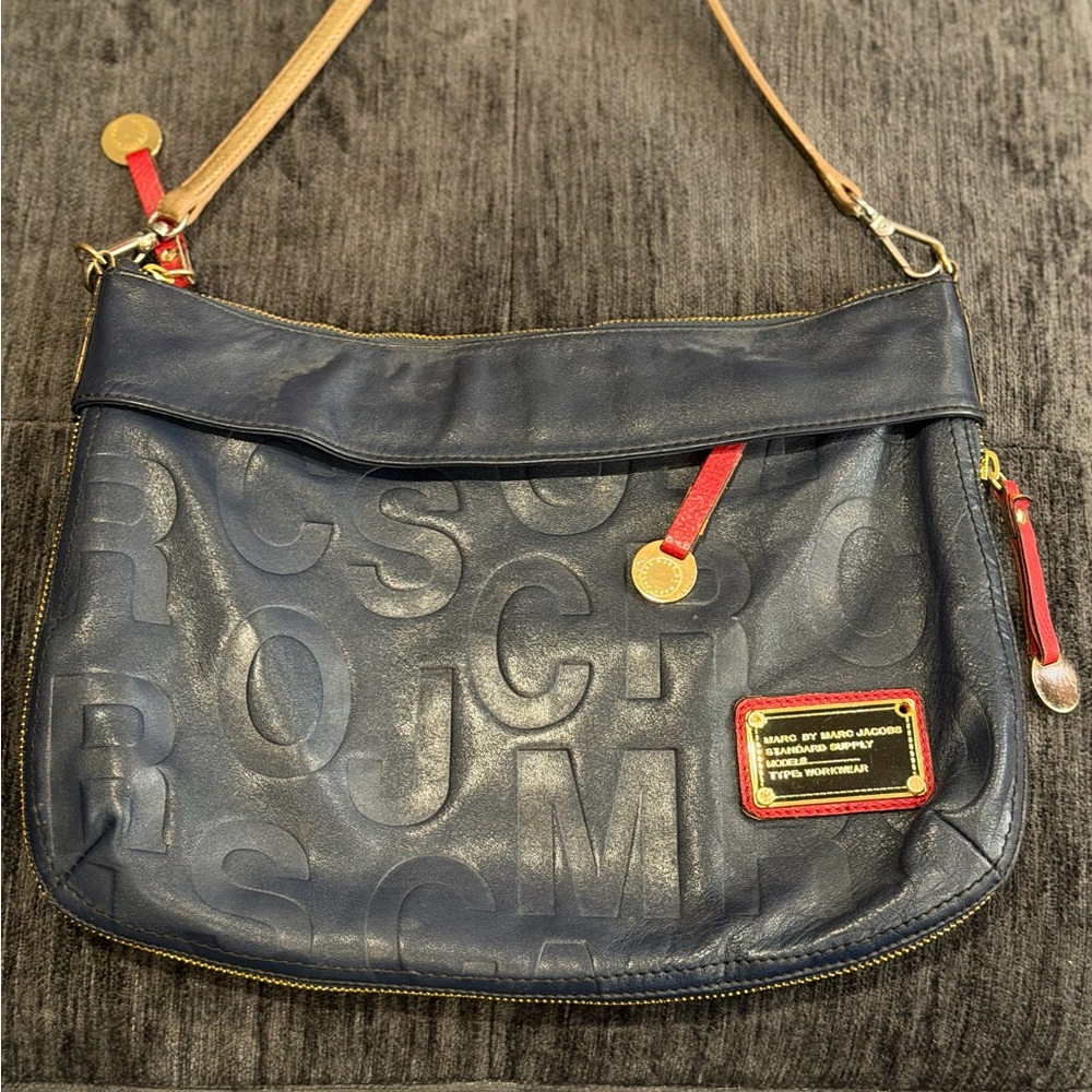 Vintage Marc Jacobs Embossed Navy and Red Blue Shoulder Bag